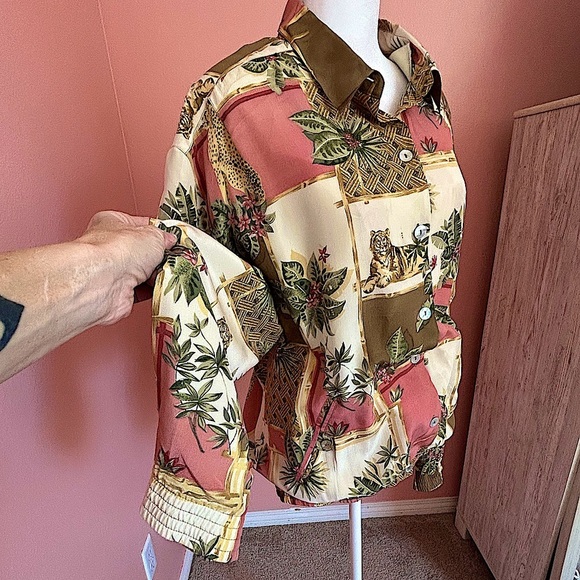 Vintage coastal Grandma Grannycore 100% silk cheetah tropical blouson jacket 16 - Picture 2 of 10